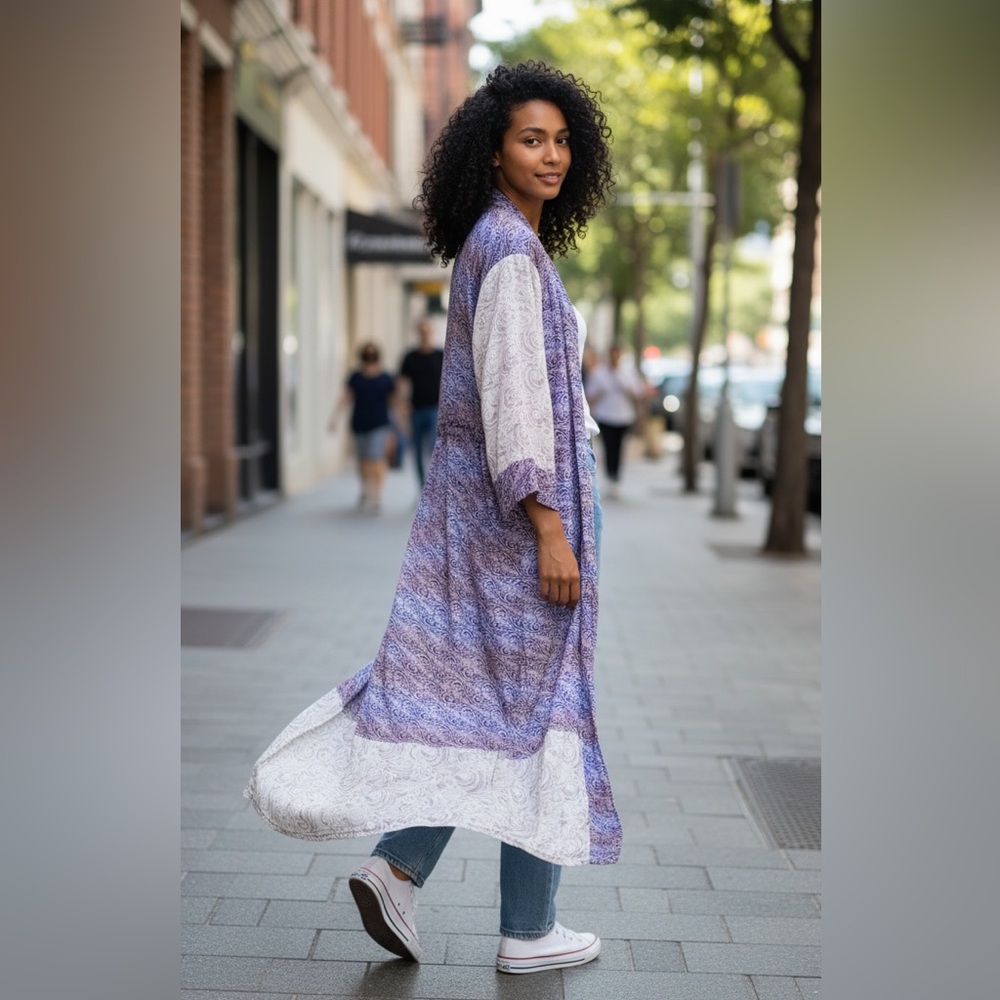 Sun Child Silk Long Kimono Cape Purple White Festival Outfit One size